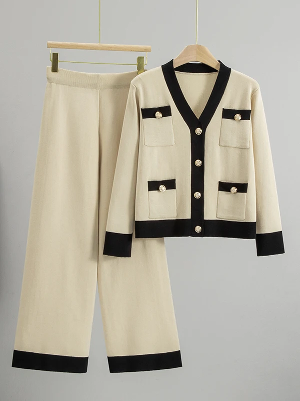 Nouveau 2025 femmes tricoté jambe large pantalon ensemble V Ne boutonné haut et Bot deux pièces Faionable automne Collection