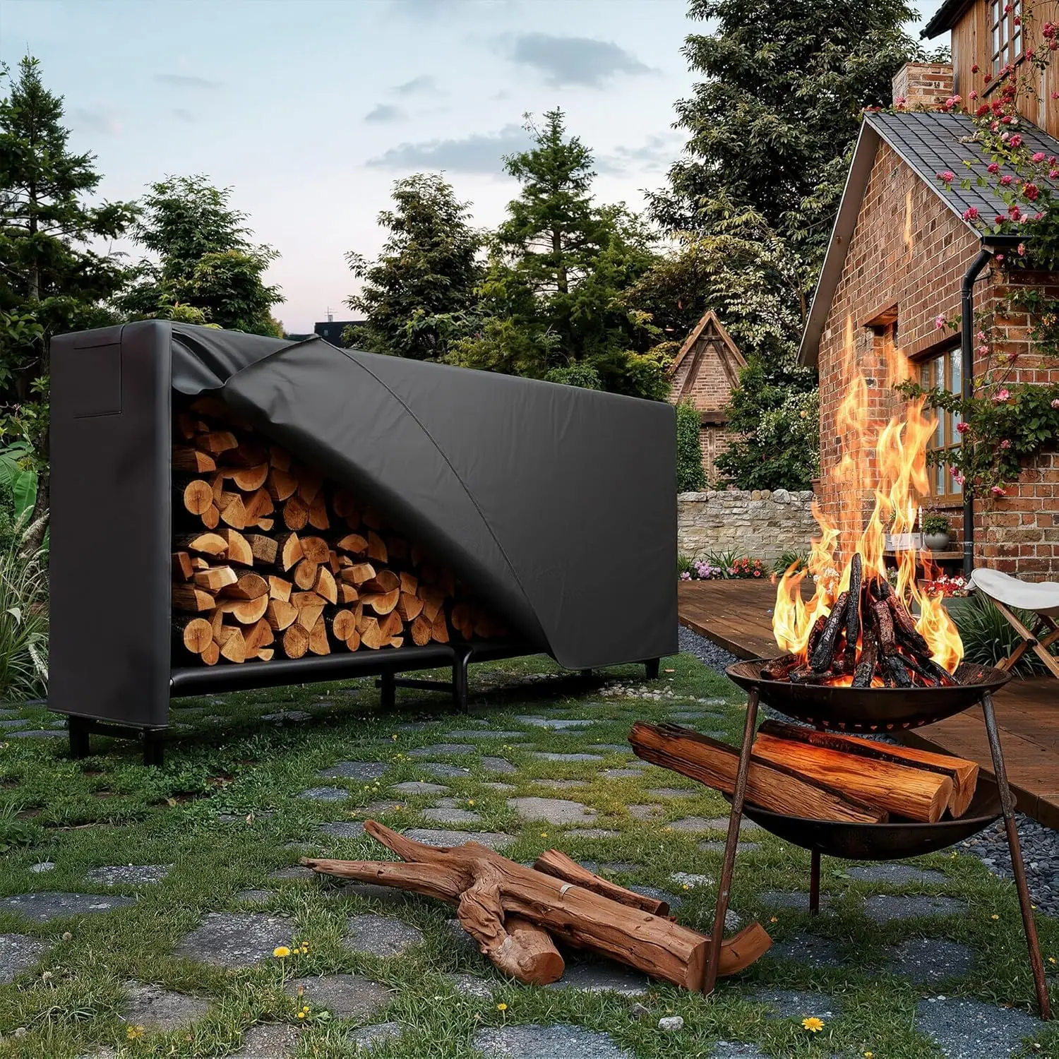 4FT 8FT Brennholz-Holzregal mit Abdeckung, schwarzer wasserdichter Oxford-Stoff mit Reißverschluss, robuste Holzlagerregale für Veranda, Pati – Detail 15