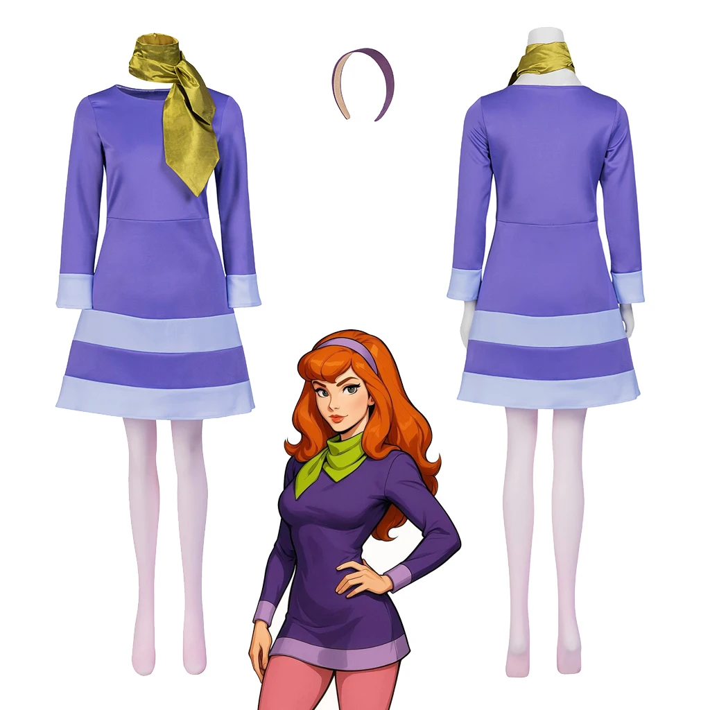 

Женский костюм для косплея Дафны Блейк: фиолетовое платье с шарфом и носками, комплект для Хэллоуина, карнавала, вечеринки