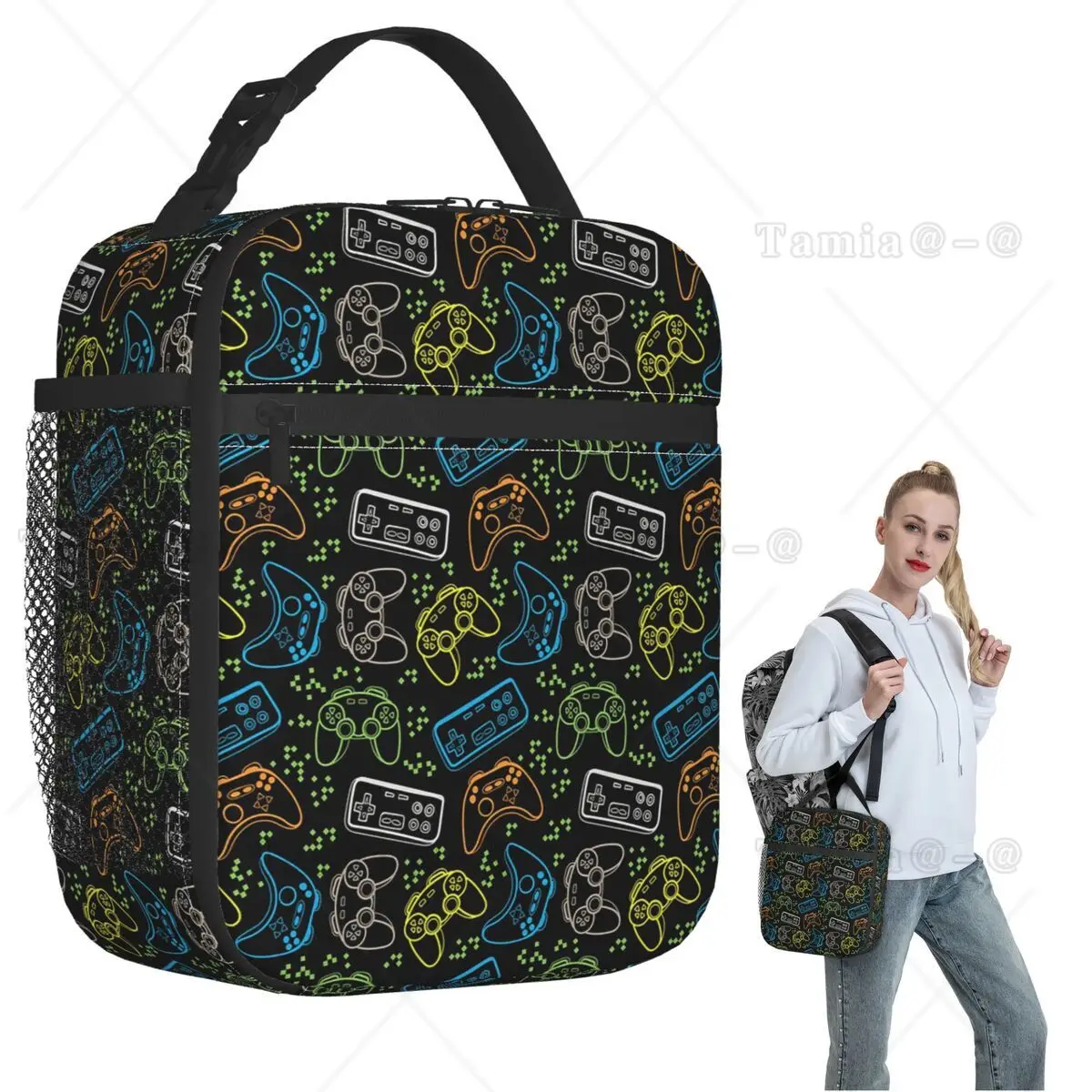 Video Game Controller Pattern Insulated Lunch Bag for Women Kids Leakproof Food Boxes Thermal Lunch Box Tote