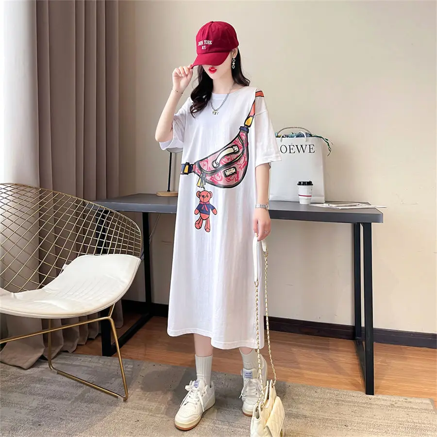 Cotton T-Shirts Oversized Women Clothing Casual Korean Patchwork O-neck Short Sleeve Midi Dress Summer Loose Letter Dresses