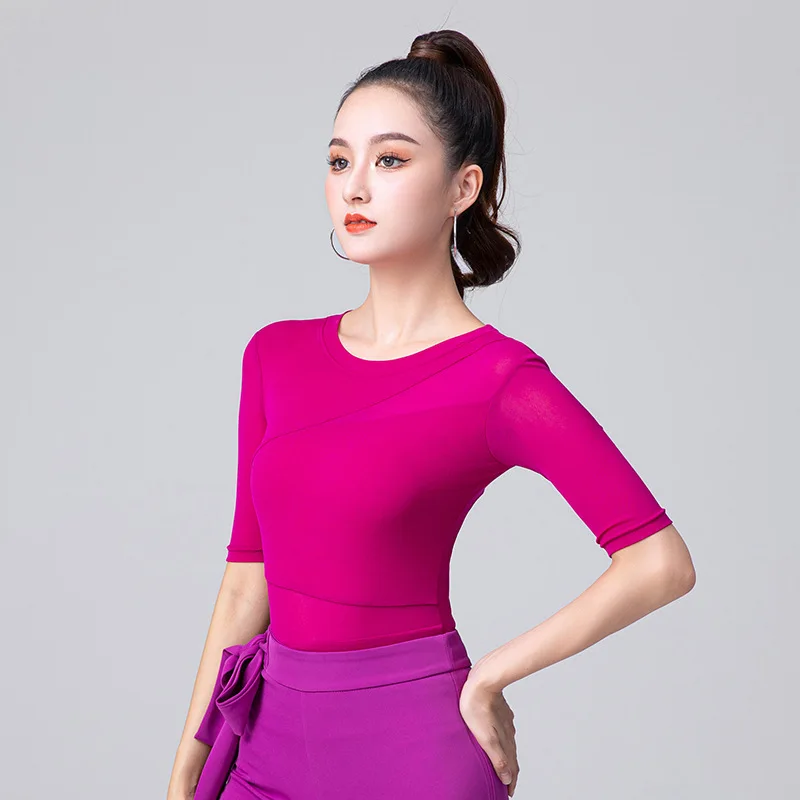 2024 New Women Latin Dance One-piece Crotch Top Female Summer Mesh Middle Sleeves Transparent Ballroom Clothing Dancewear