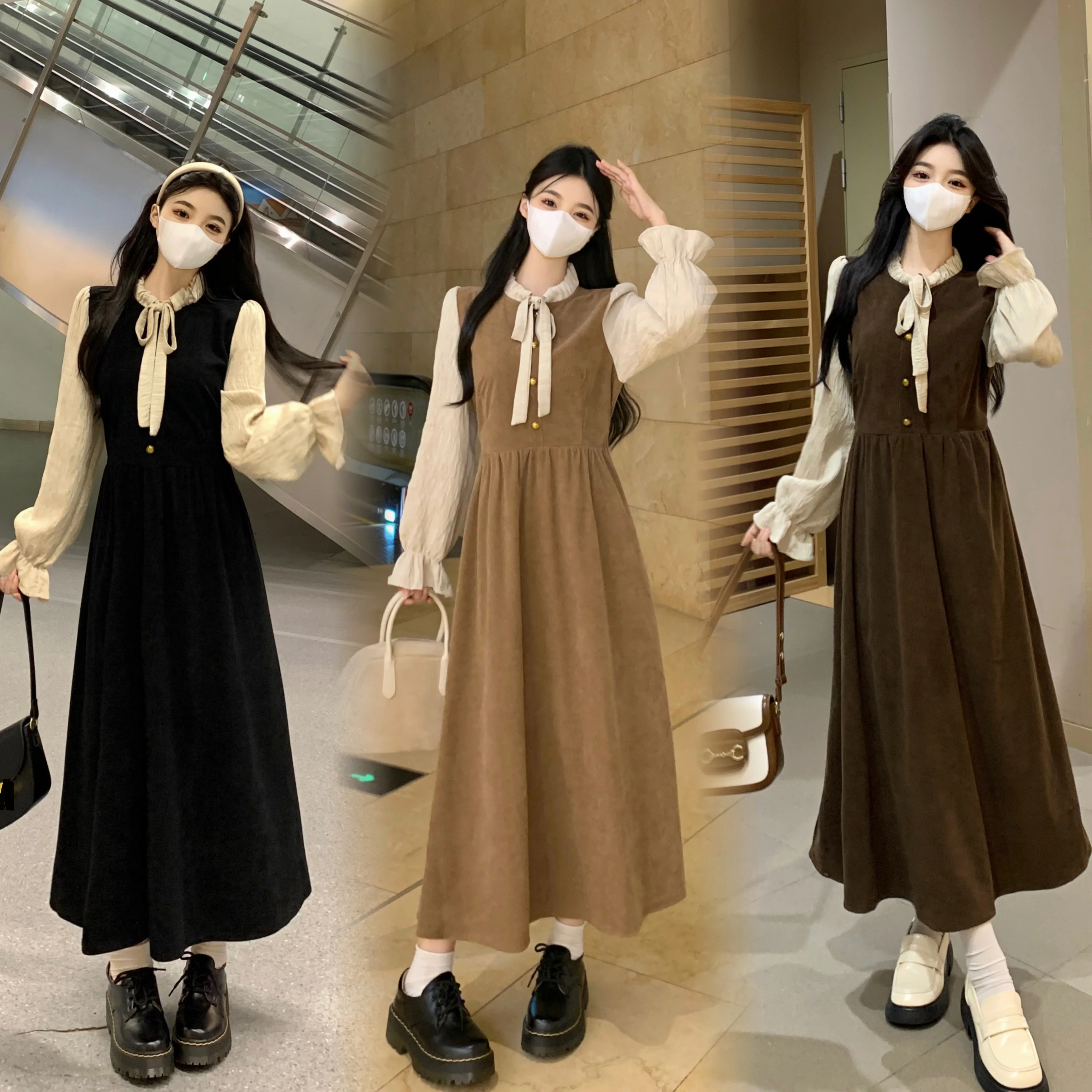 

Real shot~Large French retro fake two-piece patchwork lace up dress with waistband for slimming effect, corduroy long skirt