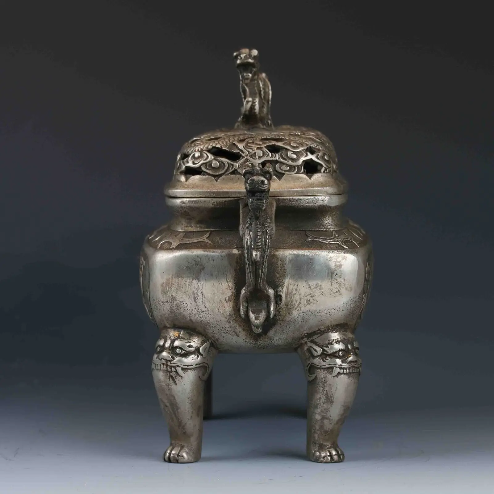 Chinese Tibetan Silver Hand-carved Dragon Incense Burner&Lid XuanDe Mark