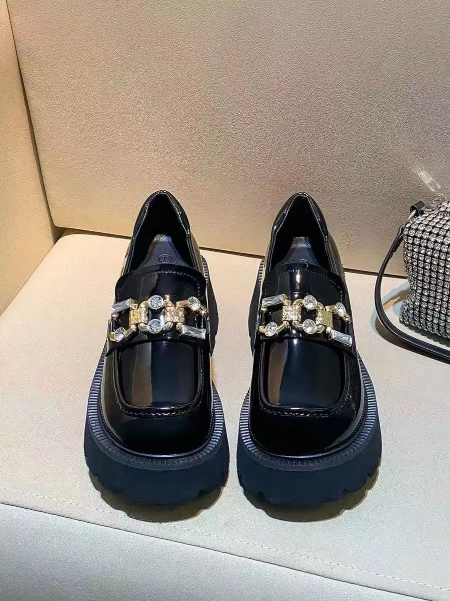 High Quality Genuine Cowhide Casual Shoes Rhinestone Diamond Loafer Shoes British Style Thick-Soled Women Shoes High Heels Pumps