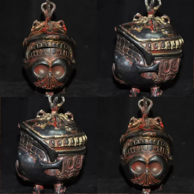 Old Tibet Exorcism Skeleton Skull Three Legged Cross Vajra Phurpa Incense Burner Censer