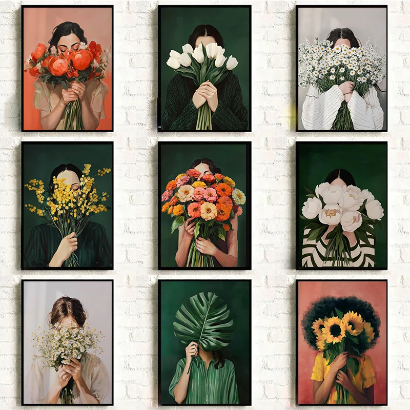 Póster minimalista abstracto de mujer, lienzo, arte de pared, mujer con retrato de flores, pintura impresa para dormitorio, decoración del hogar de chica nórdica