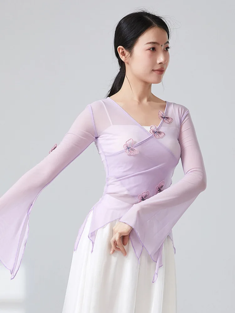 3D-Schmetterlings-Mesh-Tanzoberteil mit Glockenärmeln für Damen, langärmelig, schmale Passform, moderne Bühnenbekleidung, zeitgenössisches Jazz-Performance-Shirt