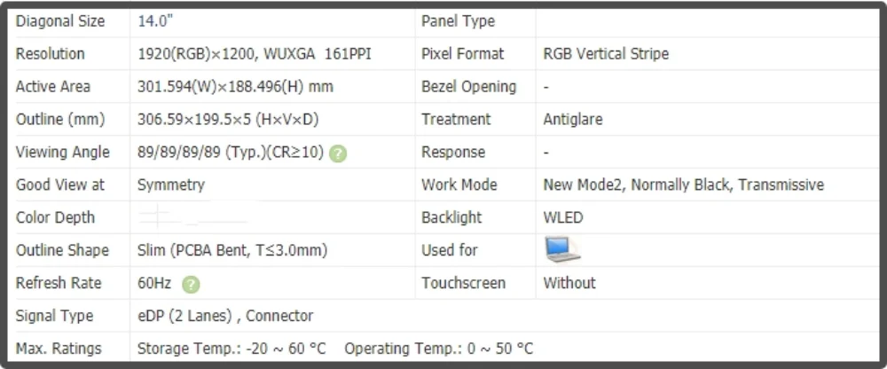 LQ140N1JW11 14 inch LCD Screen Display IPS Panel FHD 1920x1200 60Hz Non-touch