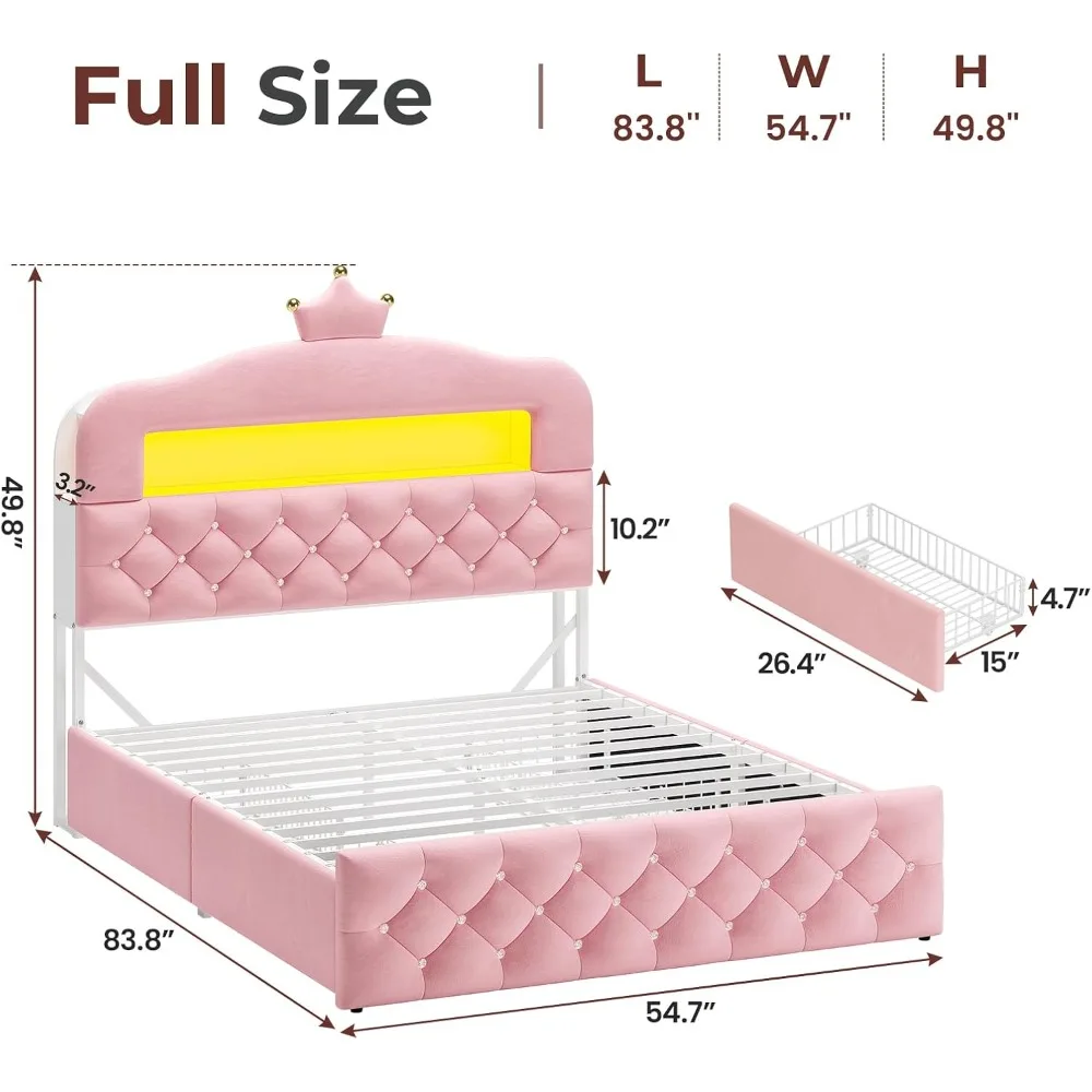 إطار سرير LED منجد بالكامل من ADORNEVE مع 4 أدراج تخزين وخزانة كتب للتخزين بطبقتين، سرير بمنصة الأميرة المخملية للأطفال/ #2