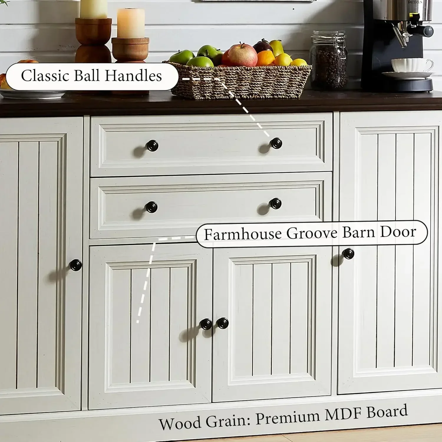 [Hot Deal, Best Seller!]58"  Cabinet with Storage,34" Tall Coffee Bar  w/2 Large Drawers&4 Grooved Barn Doors,Sideboard