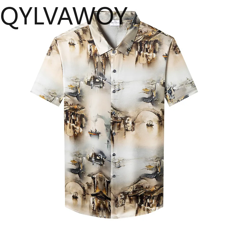 

QYLVAWOY 92.5%Real Mulberry Silk Men's Shirts Thin Summer Tops Short Sleeve Shirts High-end Lapel Shirts for Men Business Casual