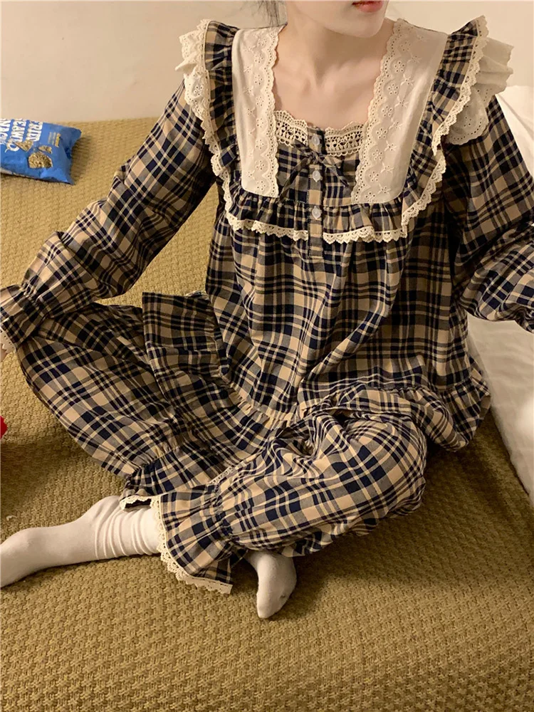 Lace New Home Soft Loose Plaid British style Sweet Long Sleeve Pajama Set Women Girlish Princess Spring Elegant Casual Sleepwear