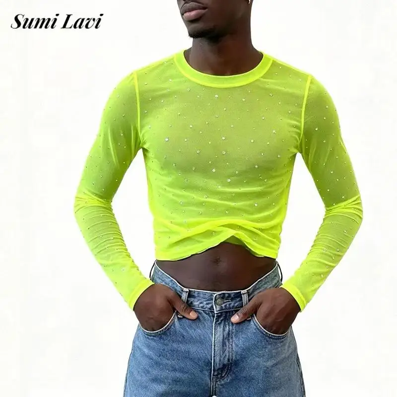 2026 Autumn Slim Transparent Mesh Cropped Long Sleeve T Shirt Mens Daily Outdoor Tee Male Streetwear Vintage Solid Color Tops