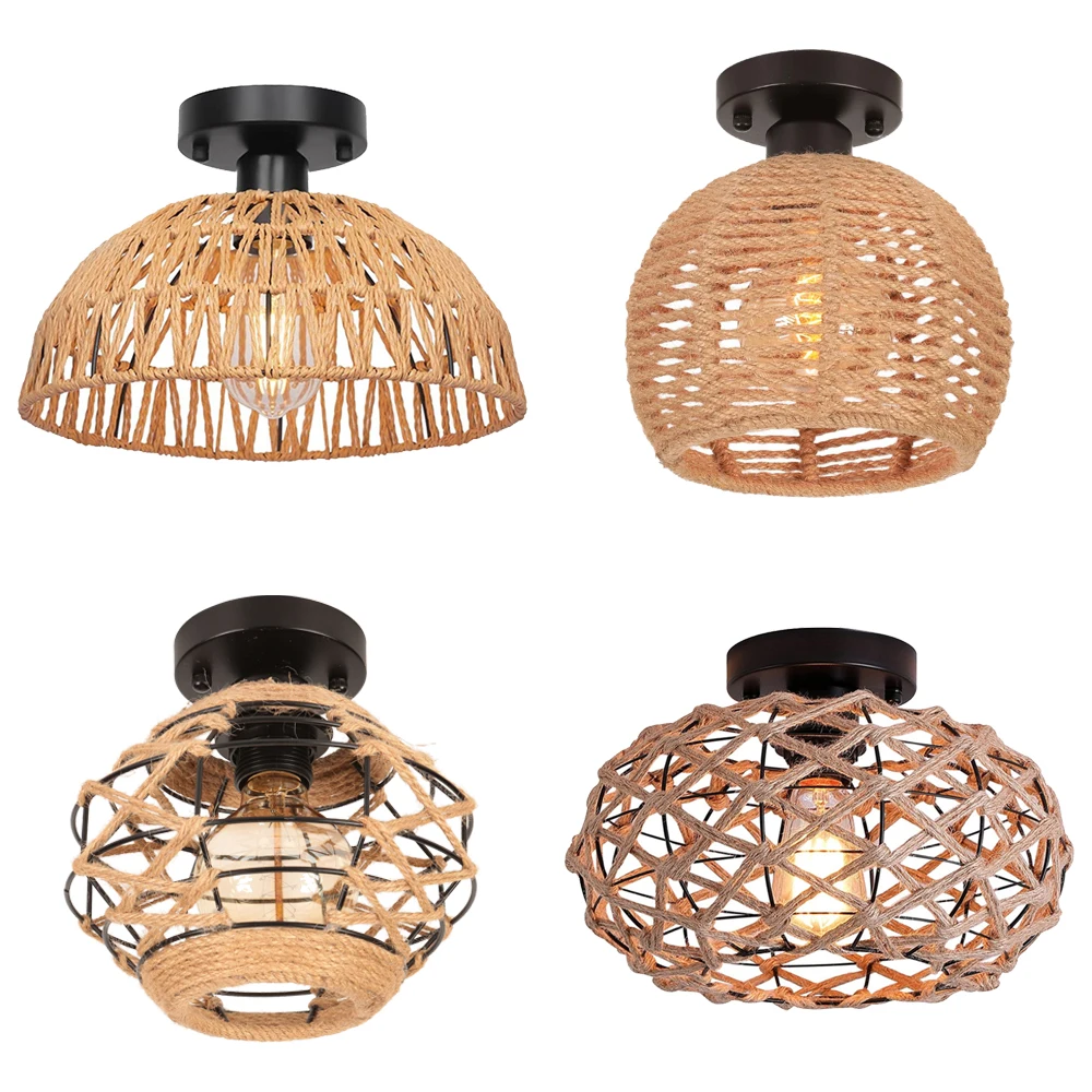 

Industrial Hand Woven Hemp Rope Ceiling Lamp Shade Rattan Chandelier Ceiling Light Fixtures for Bedroom Living Room Kitchen LED