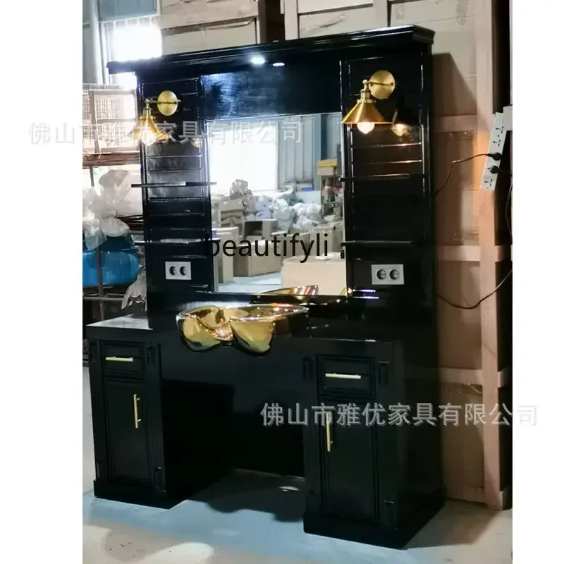 YY Beauty Barber Shop Mirror for Hair Salon Vintage Solid Wood Hairdressing Mirror Table Cabinet Integrated with Shampoo Basin