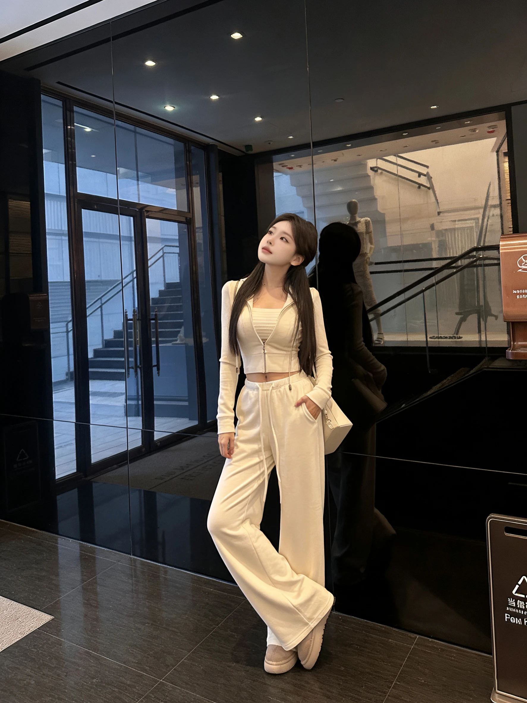 

Laid-back Style White Knitted Casual Drawstring Waist Hooded Short Top Drapey Wide Leg Pants Two-piece Set Women Autumn Winter
