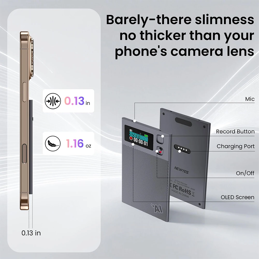 مسجل صوت AI NEWYES Ailog Smart Digital Audio Recorder App Control Transcribe & Summarize ترجمة أكثر من لغة