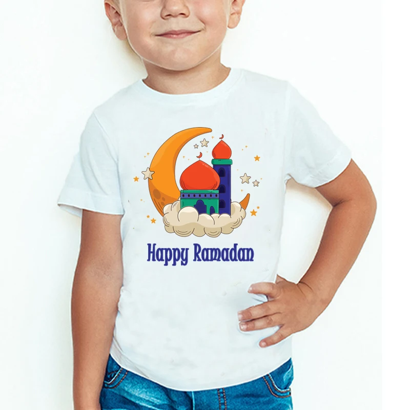 Kids Happy Ramadan Mubarak Print White Tshirt Boy/Girl Moon/Lantern T-shirt Children'S T Shirt Islamic Muslim Casual Top Clothes