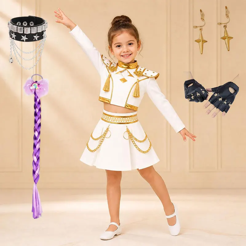 White Gold Girls 2 Piece Dance Costume Popular Korean Music Performance Clothing Kids Birthday Party Cosplay Singer Team Uniform