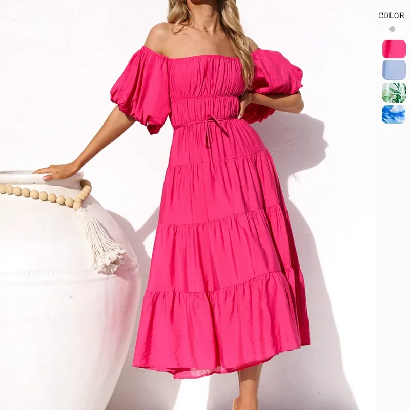 

GZHMR2024 Summer New Bubble Sleeve Pleated High Waist Dress for Women without Belt dresses mini dress women Dress traf