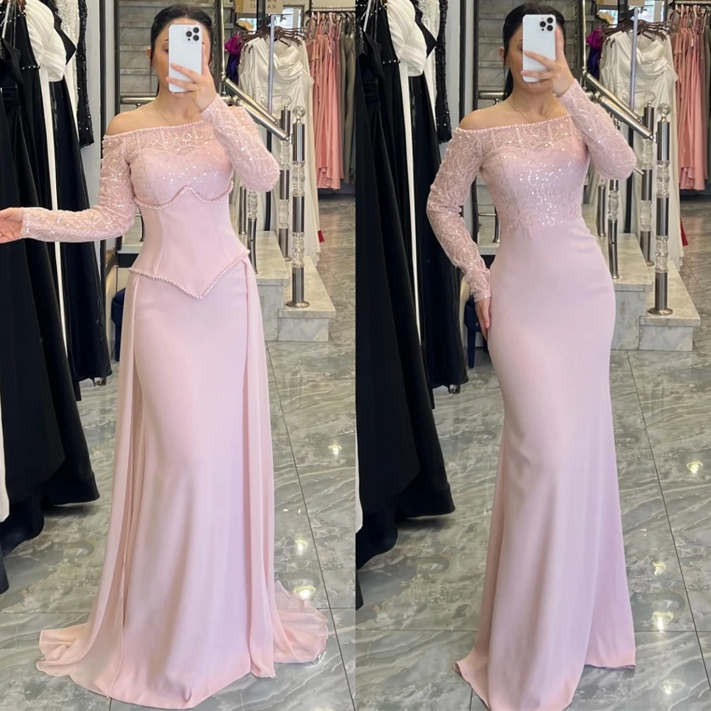

Простое вечернее платье из розового трикотажа по индивидуальному заказу, вечерние платья с вырезом лодочкой и длинными рукавами, классические платья знаменитостей с жемчугом русалки