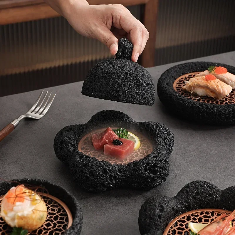 Creative Tableware, Volcanic Stone Art Plate, Dry Ice Sushi Plate, Unique Cement Honeycomb Coal Ball Shaped Dishes, Kitchen