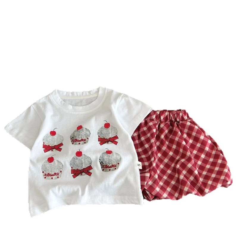 New Summer Baby Girls  Clothes Suit Children Short Sleeved T-Shirt Plaid Shorts 2Pcs/Sets Infant Casual Costume Kids Tracksuits