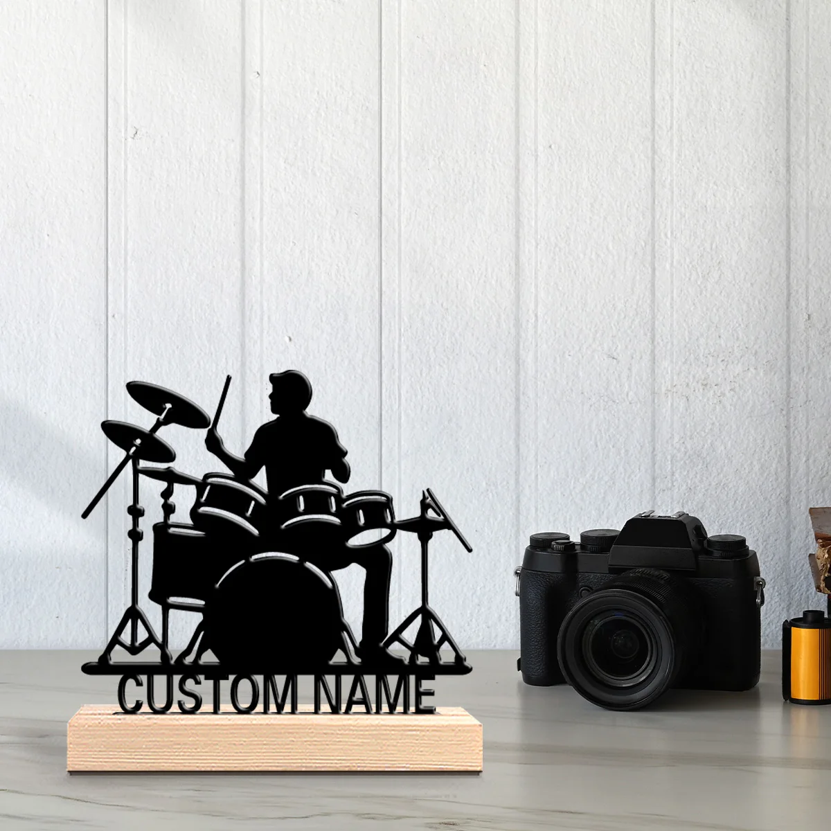 1pc Romantic Personalized Custom Beat A Drum Musical Instruments Metal Statues Metal Art With Wooden Base Perfect For Musicians,