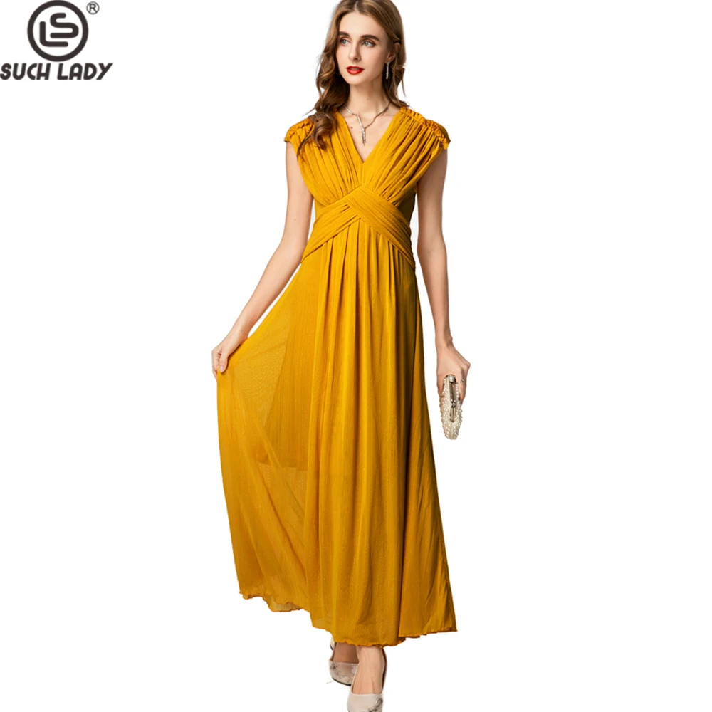 

Women's Maxi Dress Mustard Yellow V-Neck Sleeveless Crisscross Front Pleated Formal Evening Gown