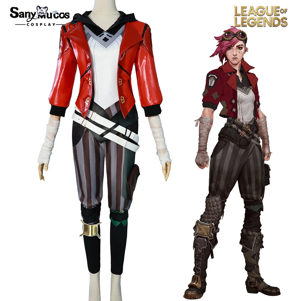 IN STOCK SanyMuCos Vi Red Leather Cosplay Costume Game League Of Legends Arcane Cosplay Plus Size Halloween Outfit
