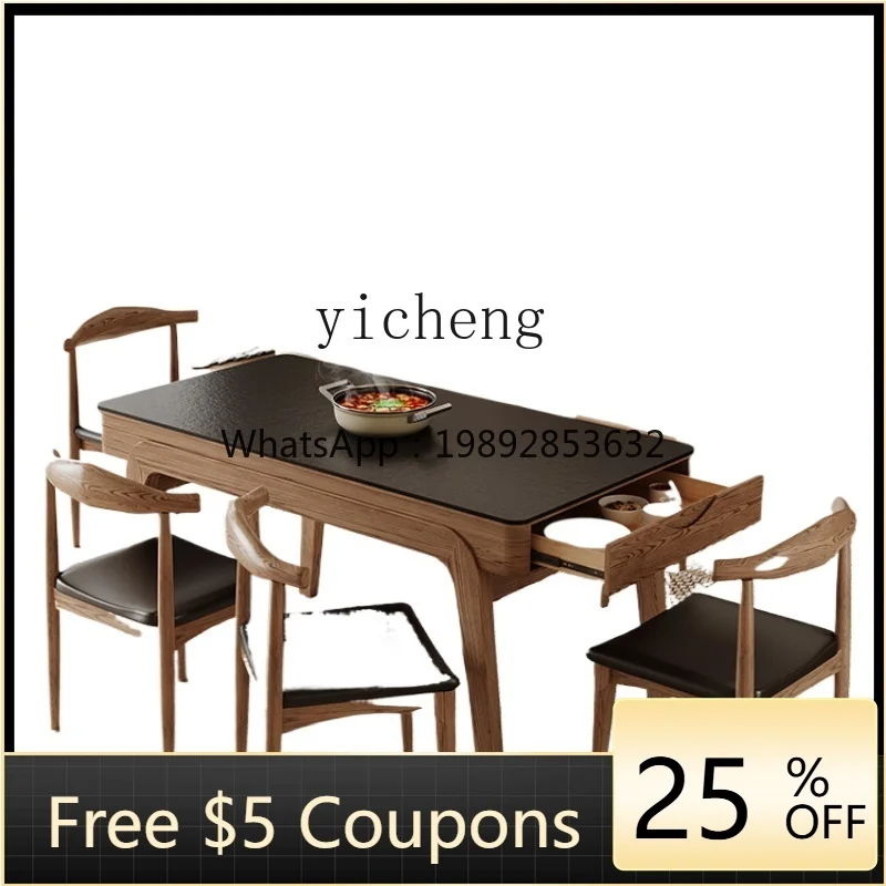 

ZZ ZF Firestone Dining Table and Chair Modern Simple Rectangular Stone Plate Solid Wood Small Apartment with Induction Cooker