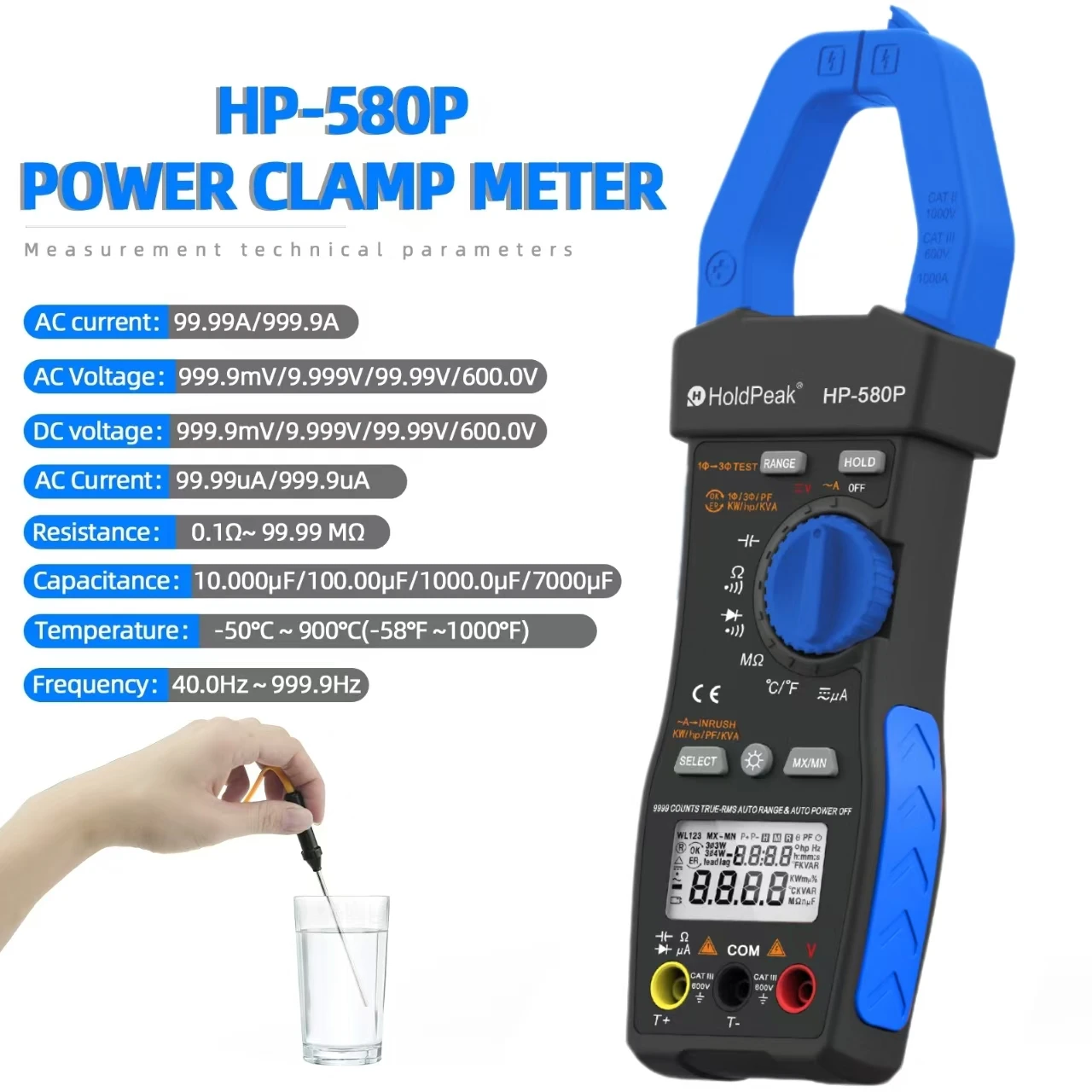 3-Phase True-RMS Power Clamp Multimeter - 9999 Counts, AC/DC Voltage, Amperage, KW/HP, Power Factor, KVA/VAR