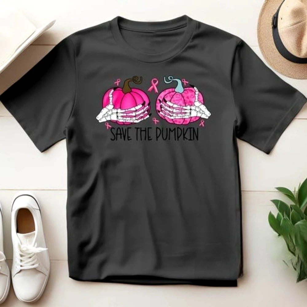 Breast Cancer Awareness Halloween Shirt Save The Pumpkin Tshirt Pink Pumpkins Skeleton Hands Tee Cancer Support Women T-shirt