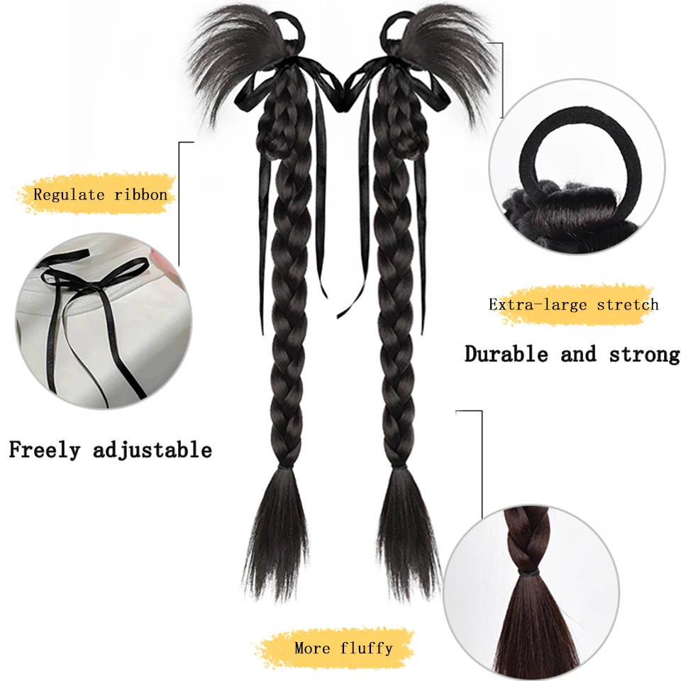 EAST New Chinese Style Twisted Braid With Chicken Feather Hair Bag Claw Clip Ponytail Gentle Side-tied Braided Ponytail Wig