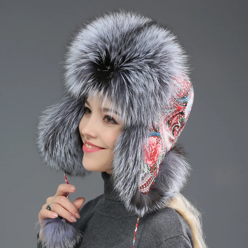 

Fox Fur Lei Feng Hat Women's Winter Ear Protector Cap Female Thickened Outdoor Windproof Skiing Hat Fashion Warm Winter Caps