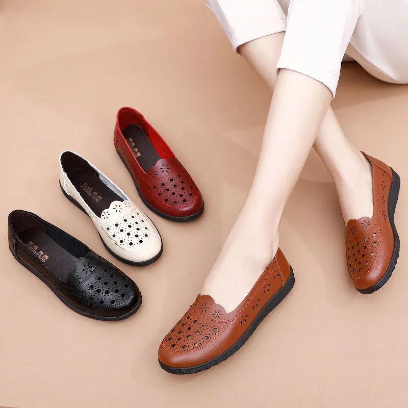 Spring Autumn Leather Casual Breathable Flat Shoes Women's Loafers Shallow Comfort Mom Shoes Ladies Slip On Driving Shoes