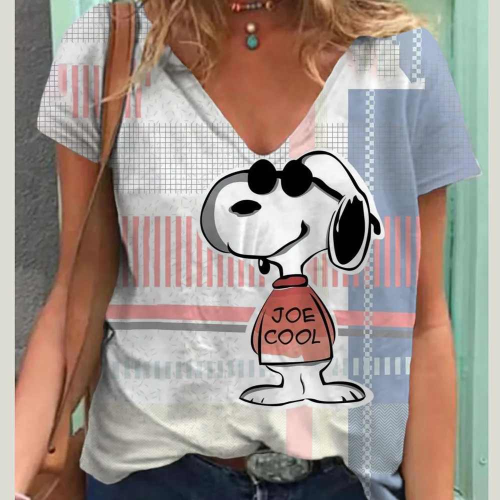 Cute Snoopy print Women\'s T-shirt V-neck top Summer Vintage Harajuku Women\'s T-shirt Fashion Loose Women\'s Clothing