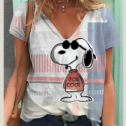 Cute Snoopy print Women's T-shirt V-neck top Summer Vintage Harajuku Women's T-shirt Fashion Loose Women's Clothing