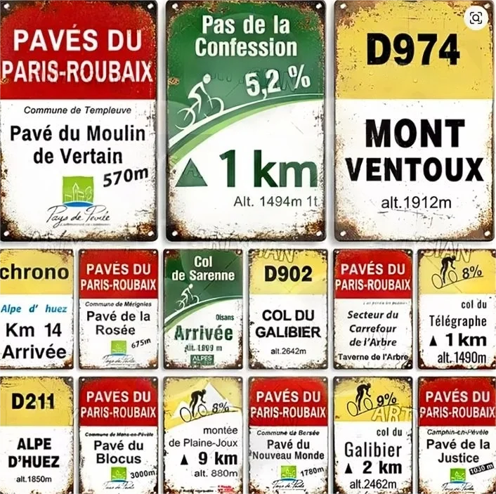 HD Tin Sign Vintage French Cycling Wall Decor - Retro Mont Ventoux Alpe d'Huez Paris-Roubaix Metal Poster for Bike Lover Man Cav