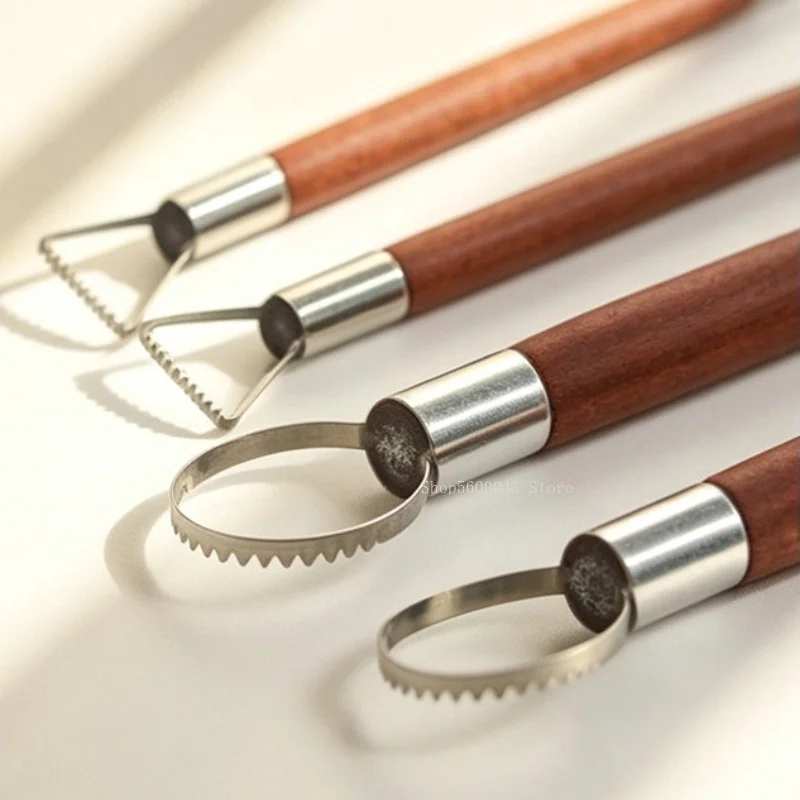 2-teiliges Set Doppelendiges Keramik-Trimm-Messer aus Edelstahl mit Holzgriff Tonmodellierwerkzeug für Keramikkunst – Detail 8