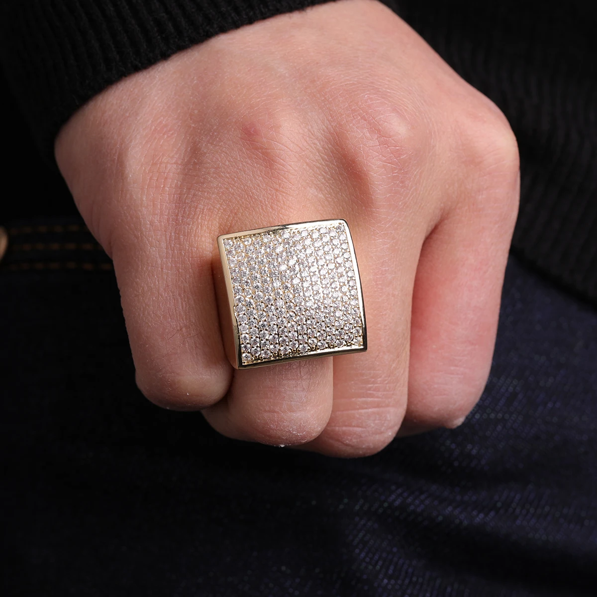 Bling Men\'s AAA+Zircon Ring Gold Color Copper Material Iced Out Full CZ Square Fashion Hip Hop Jewelry Size 7-12