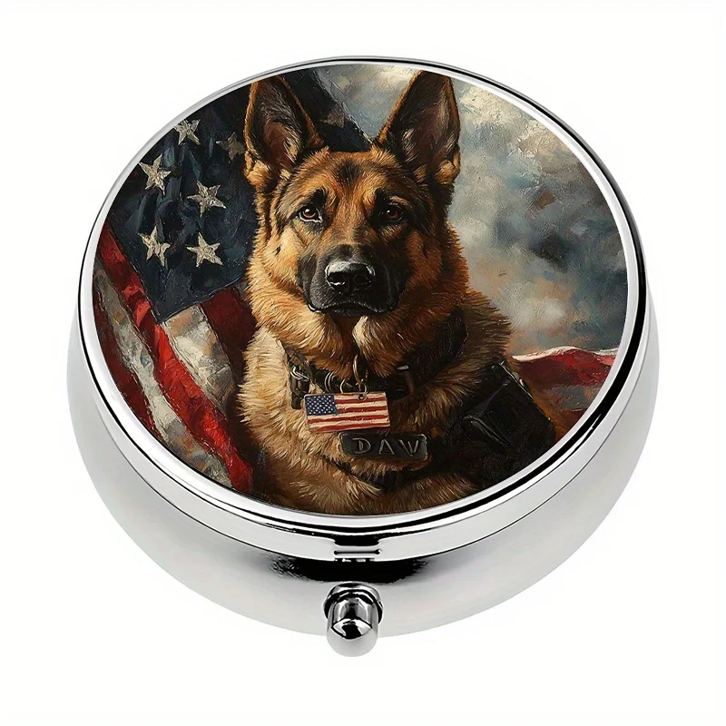 1 patriotic German Shepherd-themed pill box with 3 compartments, pill storage box, pill organizer, unique travel gift