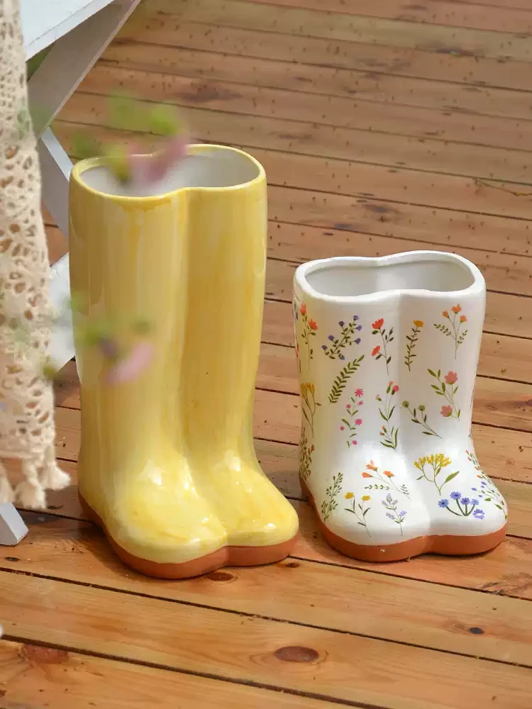 Ceramic Rainboot Vase Yellow White Flower Wellington Boot Shaped Indoor Plant Pot Outdoor Planter Freestanding Umbrella Stand