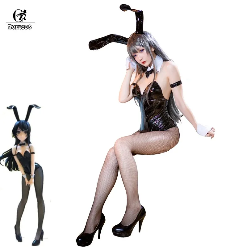 

ROLECOS Sakurajima Mai Anime Cosplay Costume Women Sexy Costume Bunny Girl Cosplay Wigs Shiny Leather Jumpsuit Party Bodysuit