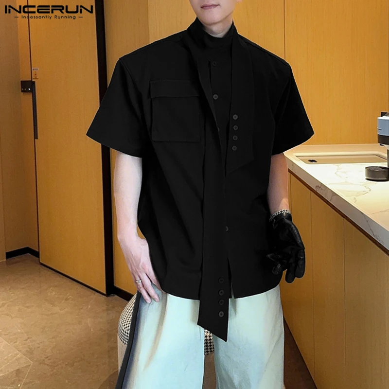 

INCERUN Men Shirt Solid Color Short Sleeve Male Shirts With Belt Streetwear Korean Style Tops Fashion Casual Men Clothing S-5XL