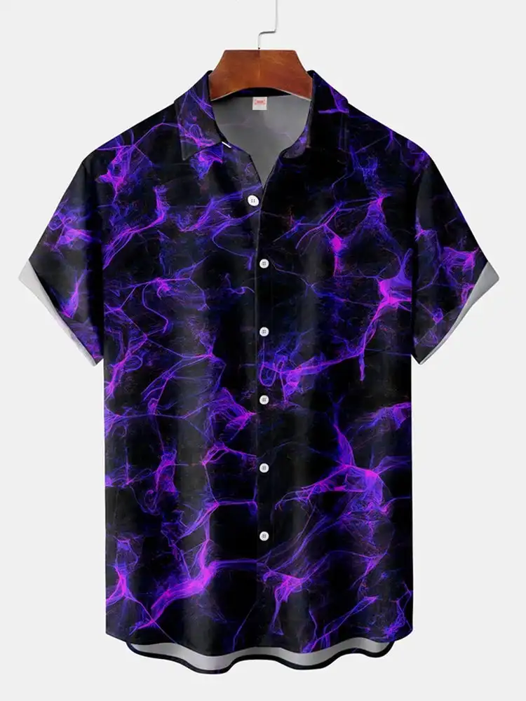 Retro style Hawaiian purple shirt, neon smoke print, short sleeve shirt, European sizes S-5XL