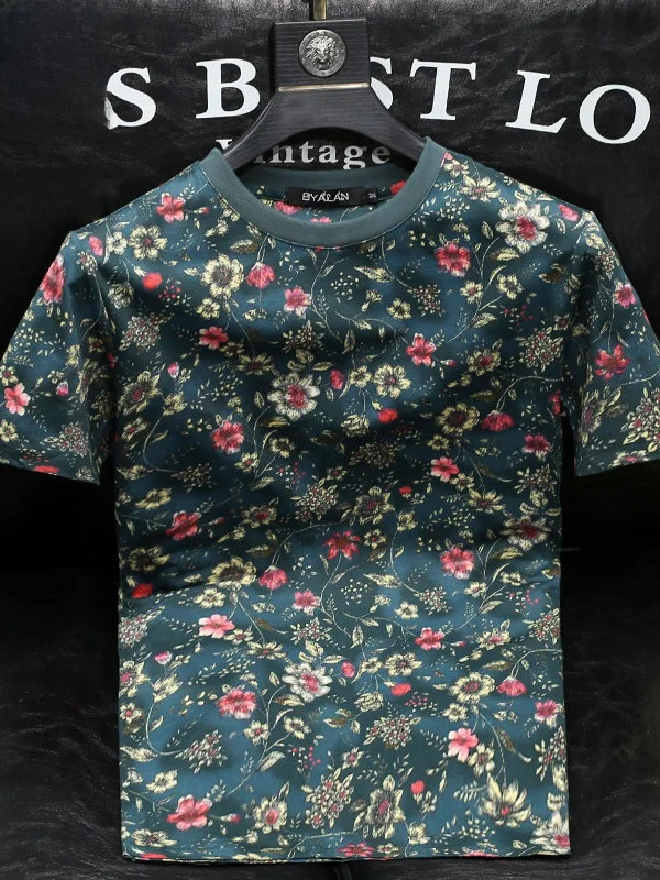 Retro American Floral Print Short Sleeve round Neck T-Shirt Men's Slim Fit Summer Top Korean Style Base Layer Tee
