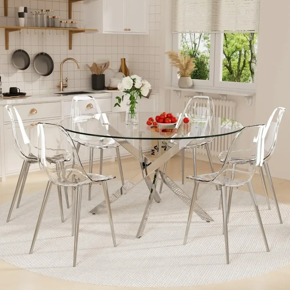 Mesa de jantar e cadeiras, mesas modernas para sala de jantar, conjunto de jantar minimalista, cadeira de acrílico transparente, conjunto de mesa de cozinha circular de 7 peças