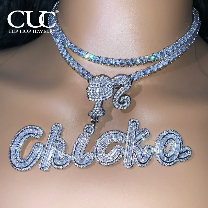 CUC Custom Name Necklace Cursive Script Letters Pendant for Women Iced Out Zirconia Silver Color Chain Hip Hop Jewelry